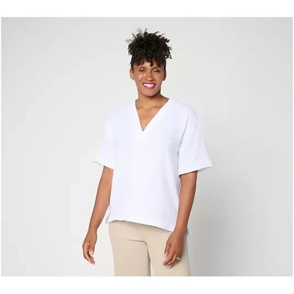 Susan Graver Regular Cotton Gauze Pullover Top White, Medium